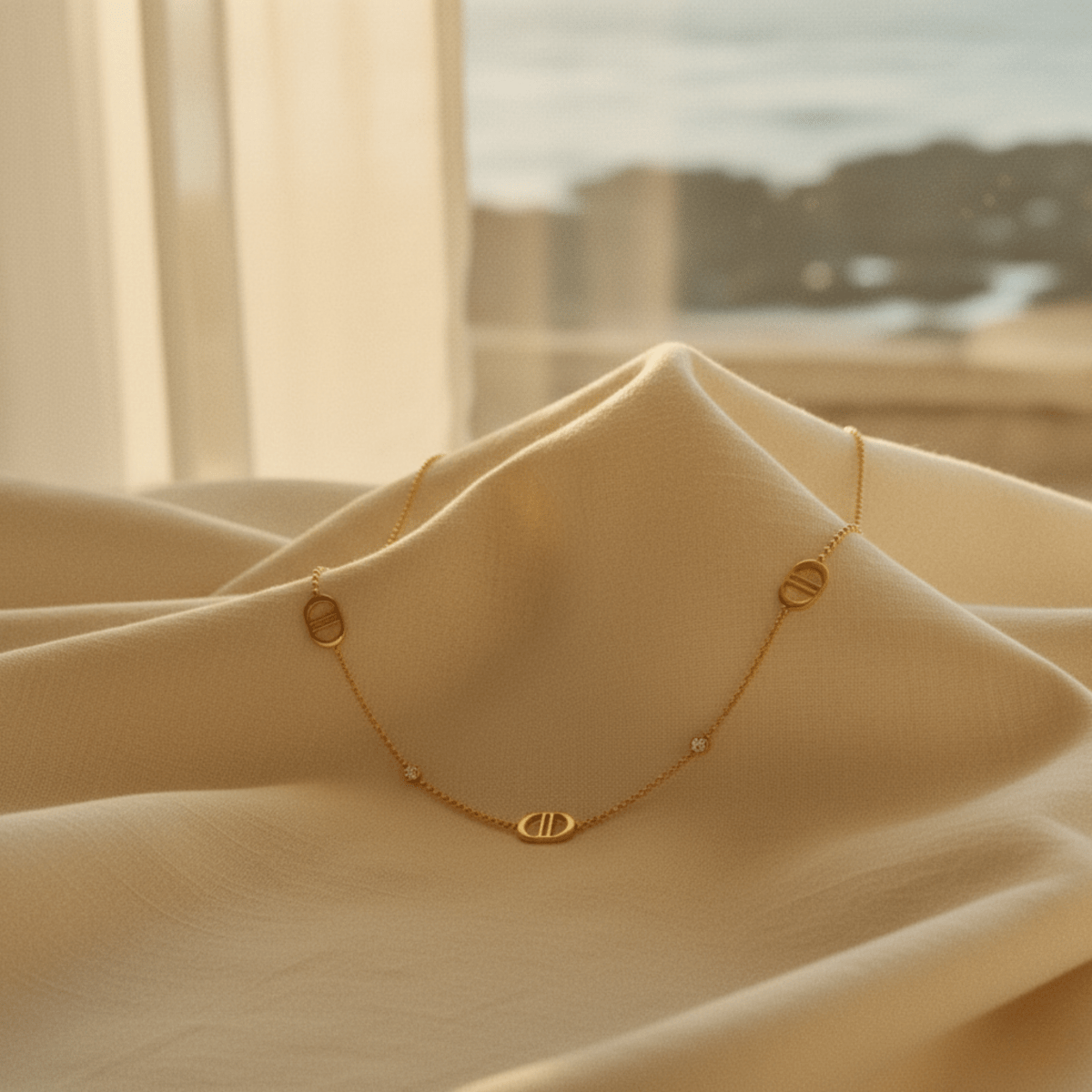 Elegant Gold Necklace with Adjustable Length & Stone Accents for Women