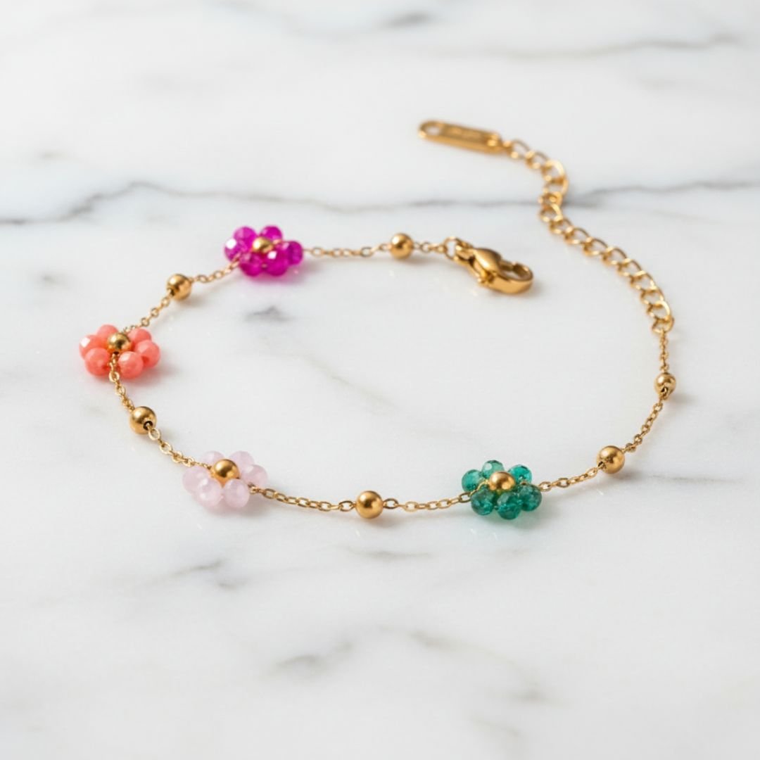 Floral Beaded Bracelet with Gold Coating - Handcrafted Colorful Design