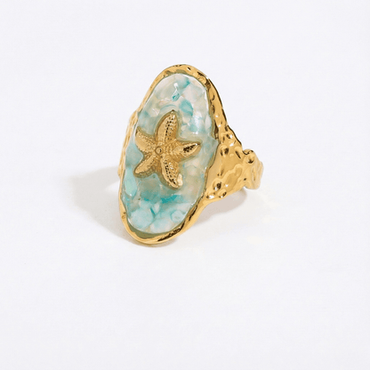 Anillo Declarativo Ovalado de Concha de Esmalte Estrella de Mar Oceánica