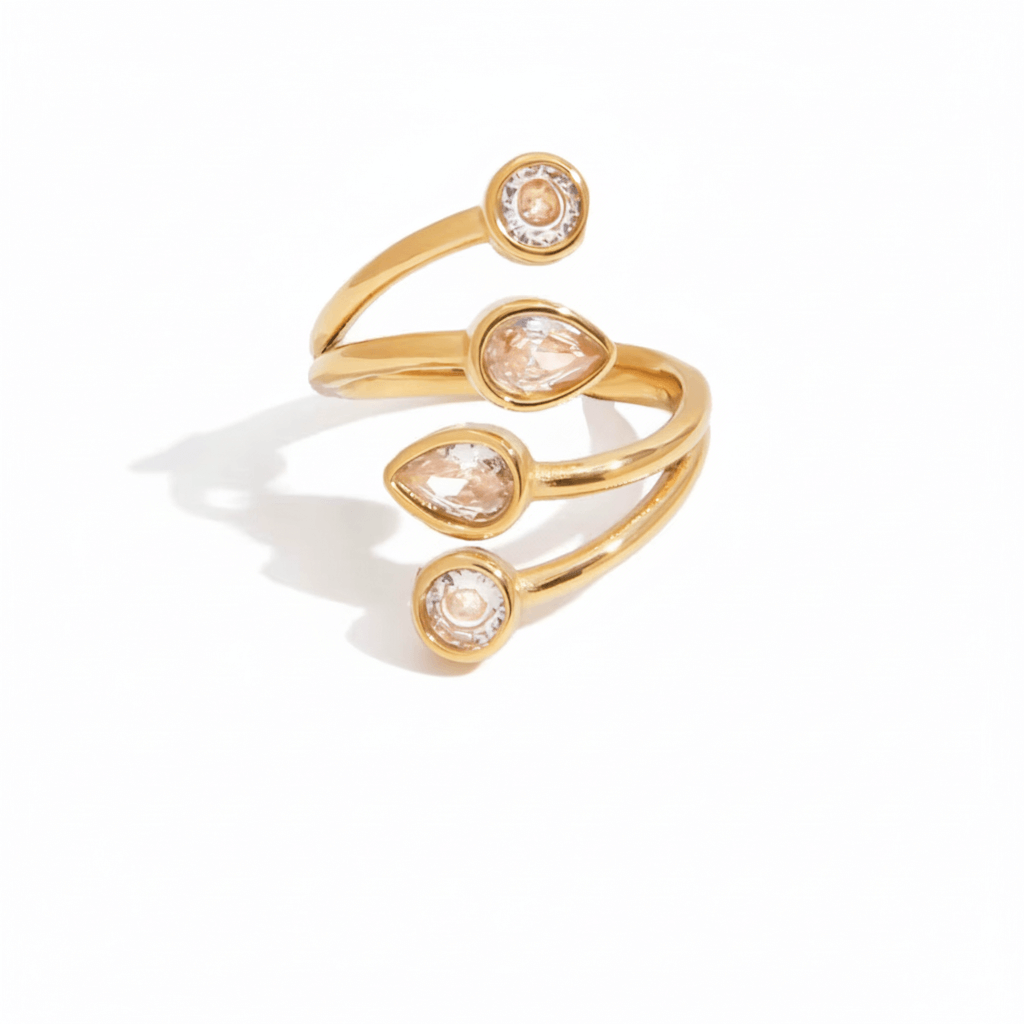 Anillo Apilable Curado en Forma de Gota – Banda Abierta de CZ