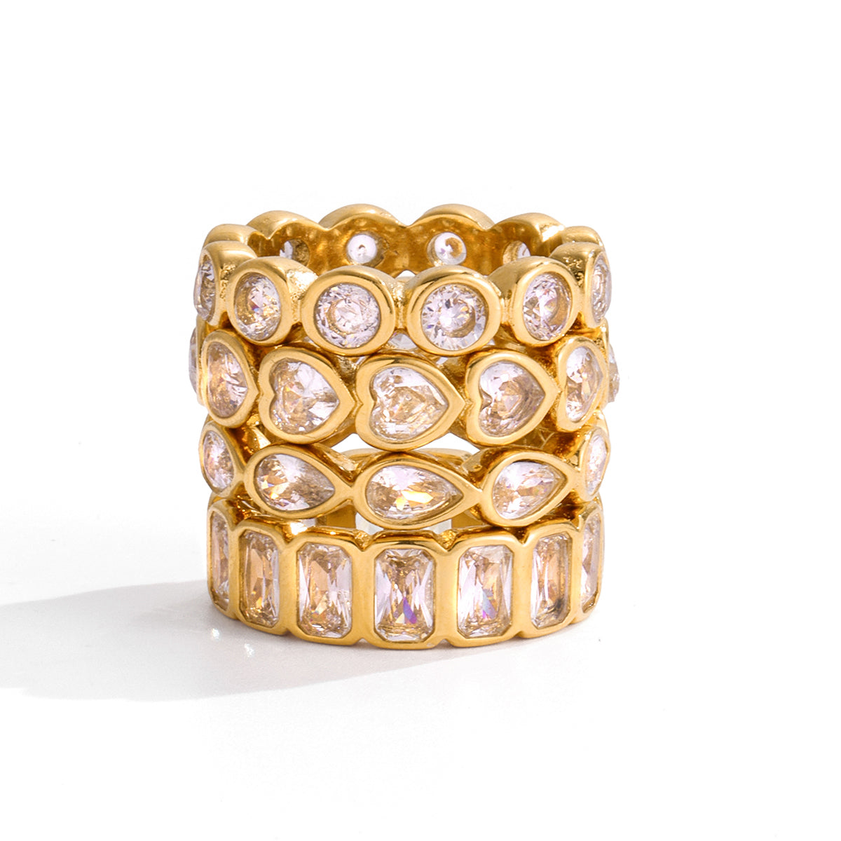 Anillos apilables CZ en forma de redondo, rectangular, corazón y lágrima