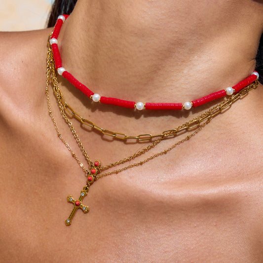 Collar con Colgante de Cruz de Cristal Turquesa Rojo