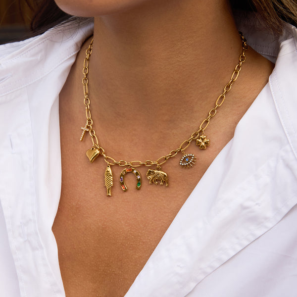 Collar clásico con colgante de cruz de circonita, corazón, pez y ojo de diablo