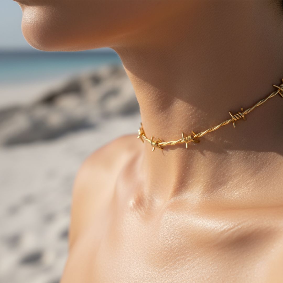 Barb Wire Choker Necklace - Gold-Plated or Rhodium-Plated with Extender