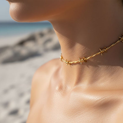 Barb Wire Choker Necklace - Gold-Plated or Rhodium-Plated with Extender
