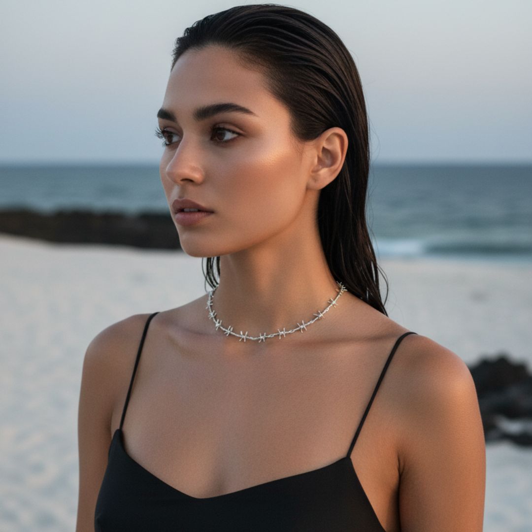 Barb Wire Choker Necklace - Gold-Plated or Rhodium-Plated with Extender