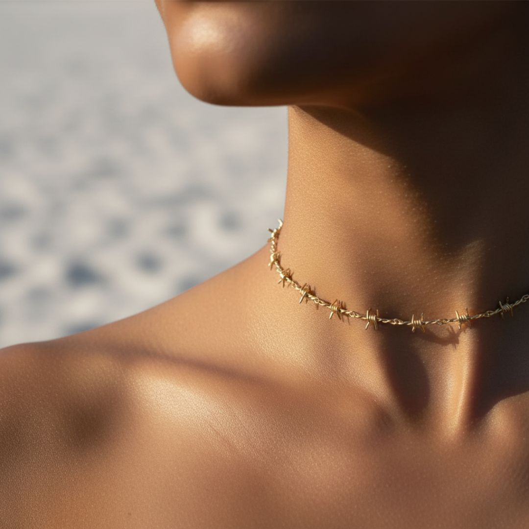 Barb Wire Choker Necklace - Gold-Plated or Rhodium-Plated with Extender