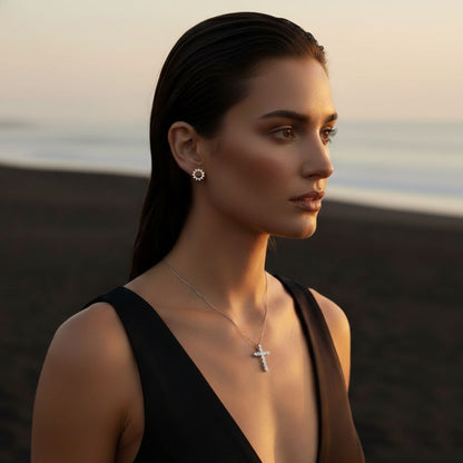 Sunlit Pavé Silver Gold Cross Pendant Necklace