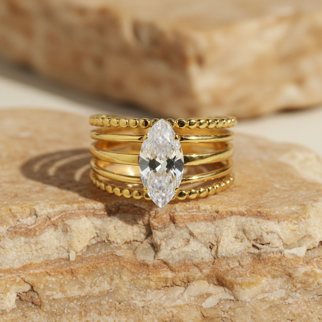 Celestial Glow - Adjustable Gold Tone Stainless Steel Ring with Zirconia Stone