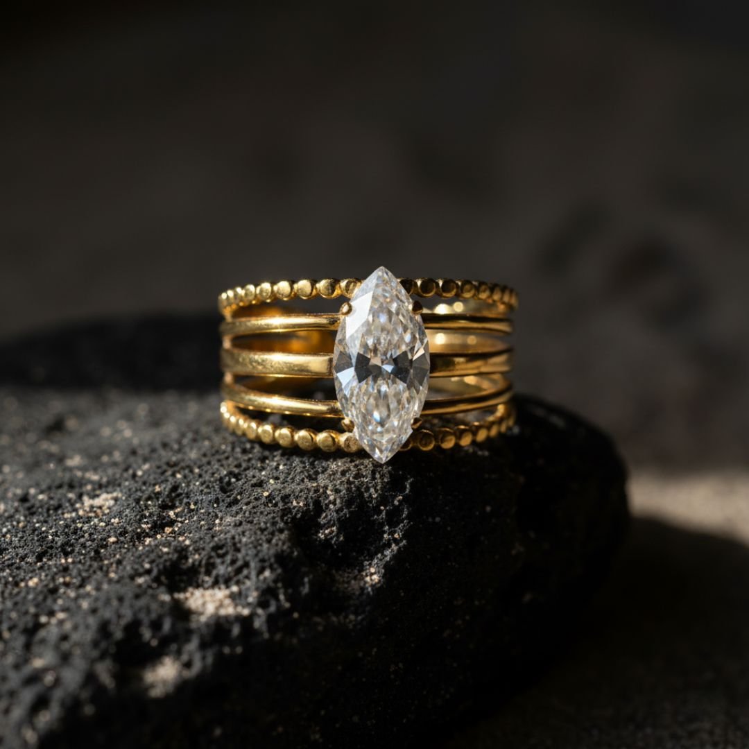 Celestial Glow - Adjustable Gold Tone Stainless Steel Ring with Zirconia Stone