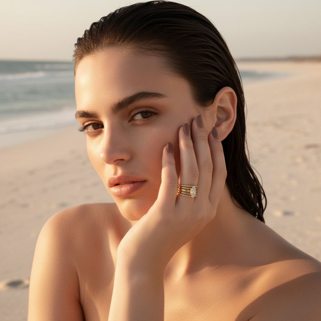 Celestial Glow - Adjustable Gold Tone Stainless Steel Ring with Zirconia Stone