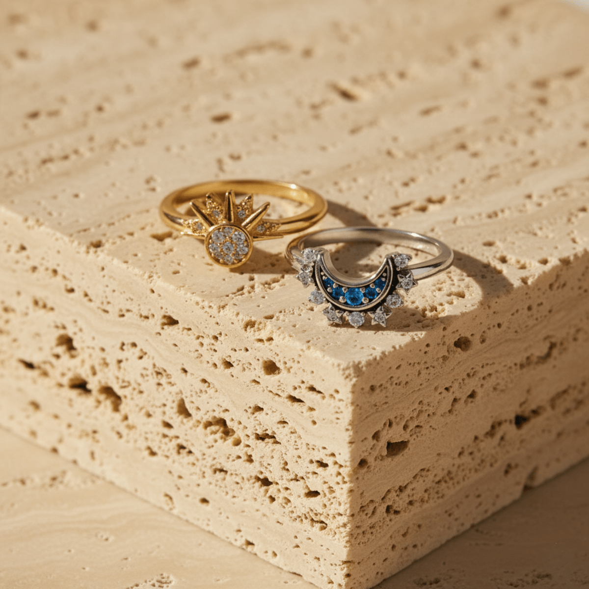 Sunrise Gold Sun Ring and Night Silver Moon Ring