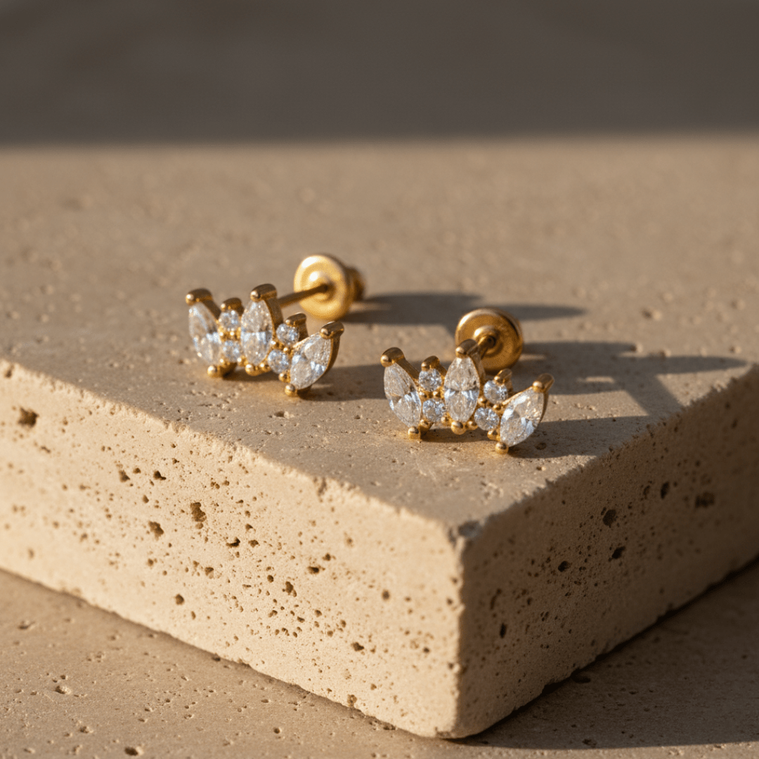 Crown-Shaped Gold Earrings with White Topaz for Sensitive Skin