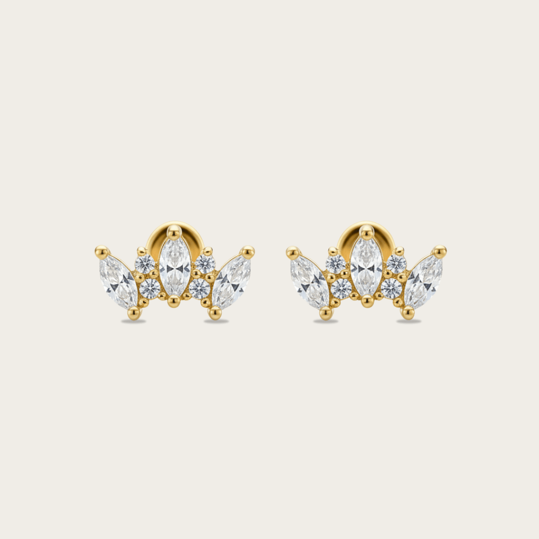 Crown-Shaped Gold Earrings with White Topaz for Sensitive Skin