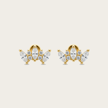 Crown-Shaped Gold Earrings with White Topaz for Sensitive Skin