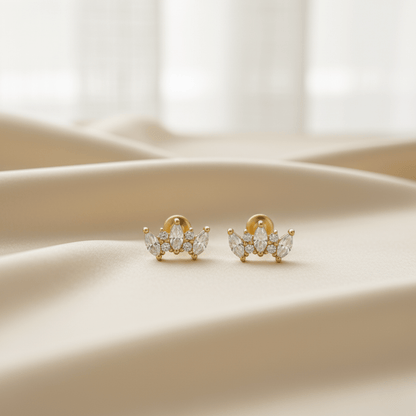 Crown-Shaped Gold Earrings with White Topaz for Sensitive Skin