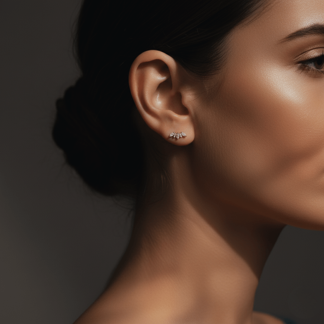 Crown-Shaped Gold Earrings with White Topaz for Sensitive Skin