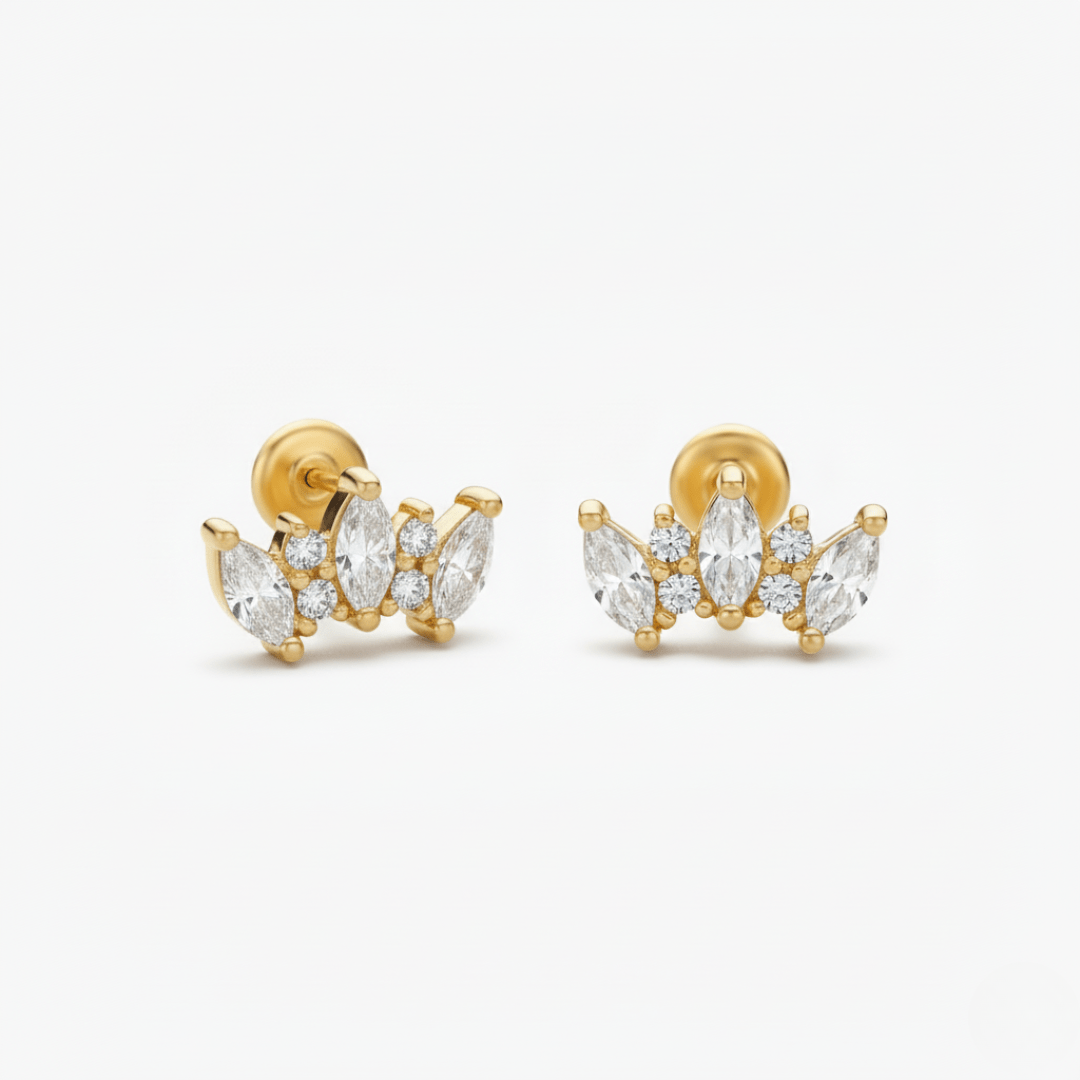 Crown-Shaped Gold Earrings with White Topaz for Sensitive Skin