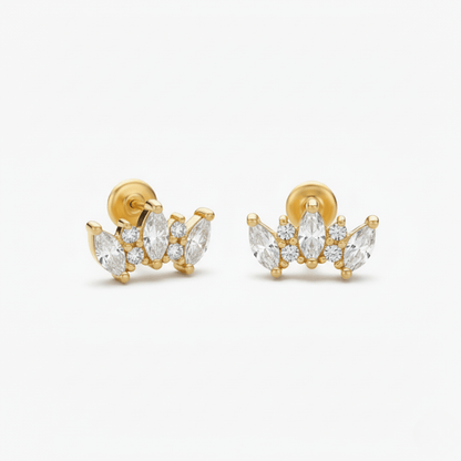 Crown-Shaped Gold Earrings with White Topaz for Sensitive Skin