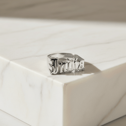 Custom Gothic Name Ring - Handmade Personalized Jewelry in Various Metals