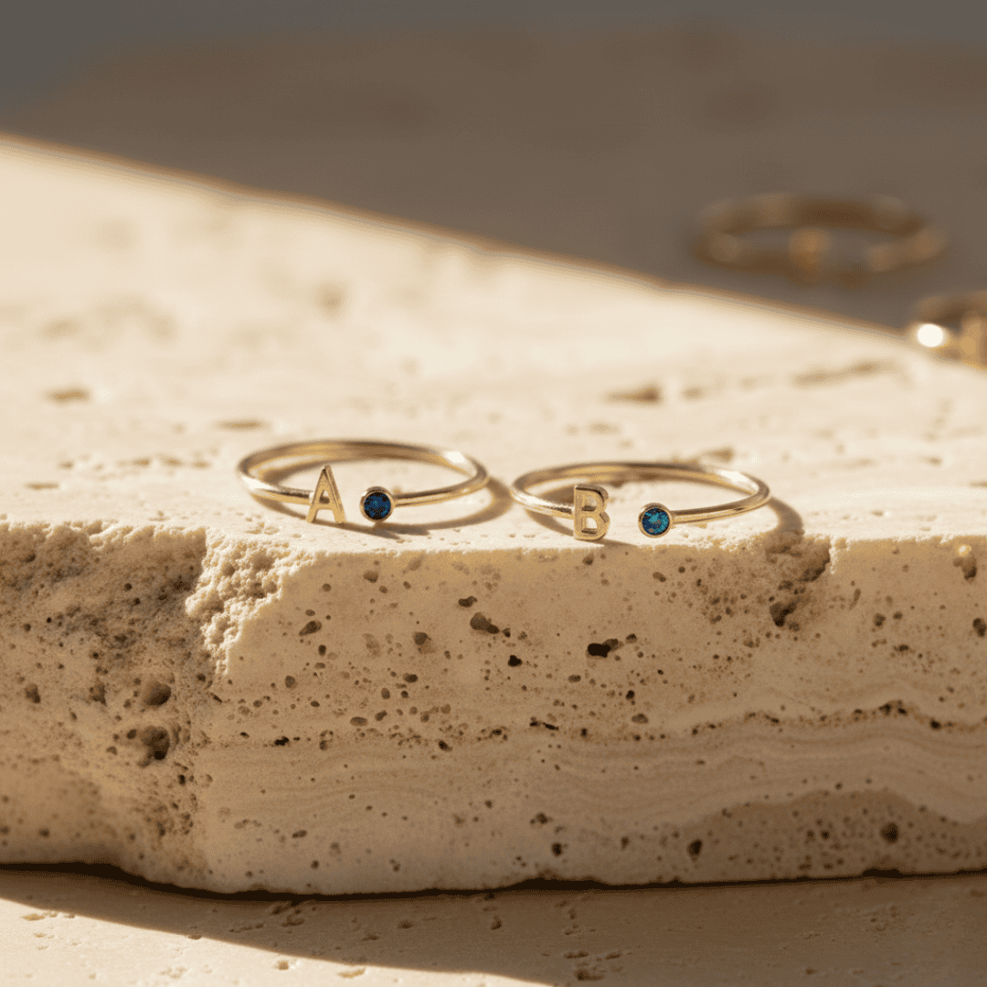 Customizable Birthstone Initial Ring - Dainty Personalized Gift for Holidays