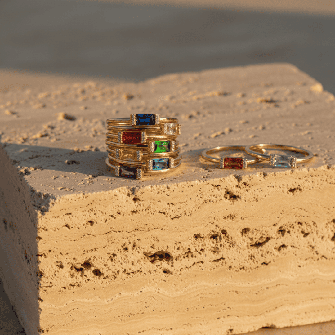 Elegant Baguette Birthstone Ring in Gold Plated Sterling Silver