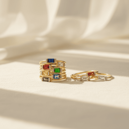 Elegant Baguette Birthstone Ring in Gold Plated Sterling Silver