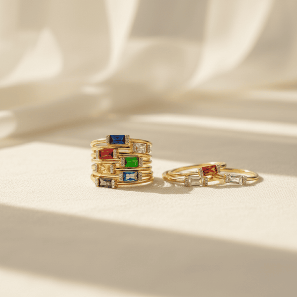 Elegant Baguette Birthstone Ring in Gold Plated Sterling Silver