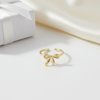 Elegant Bow Design Adjustable Gold-Colored Stainless Steel Ring - Waterproof, Hypoallergenic