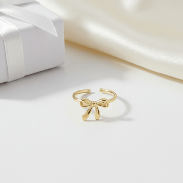 Elegant Bow Design Adjustable Gold-Colored Stainless Steel Ring - Waterproof, Hypoallergenic