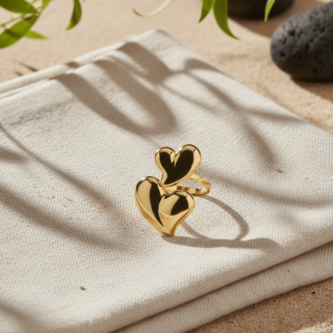 Elegant Double Love Hearts Adjustable Ring - Gold Stainless Steel Jewelry