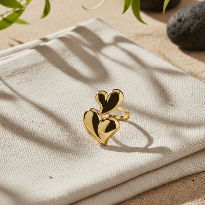 Elegant Double Love Hearts Adjustable Ring - Gold Stainless Steel Jewelry