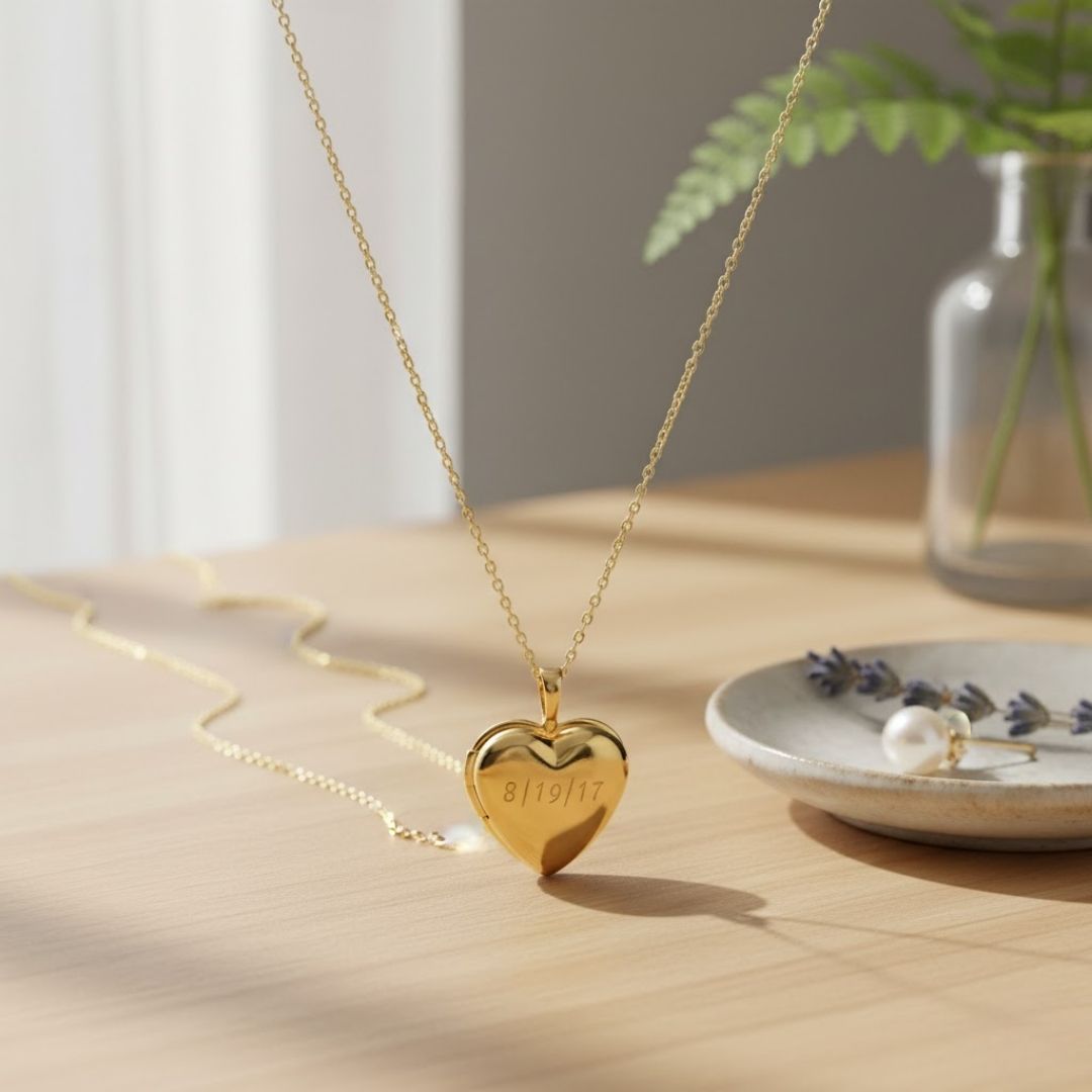 Elegant Engraved Puff Heart Locket Necklace - Customizable Keepsake in Gold