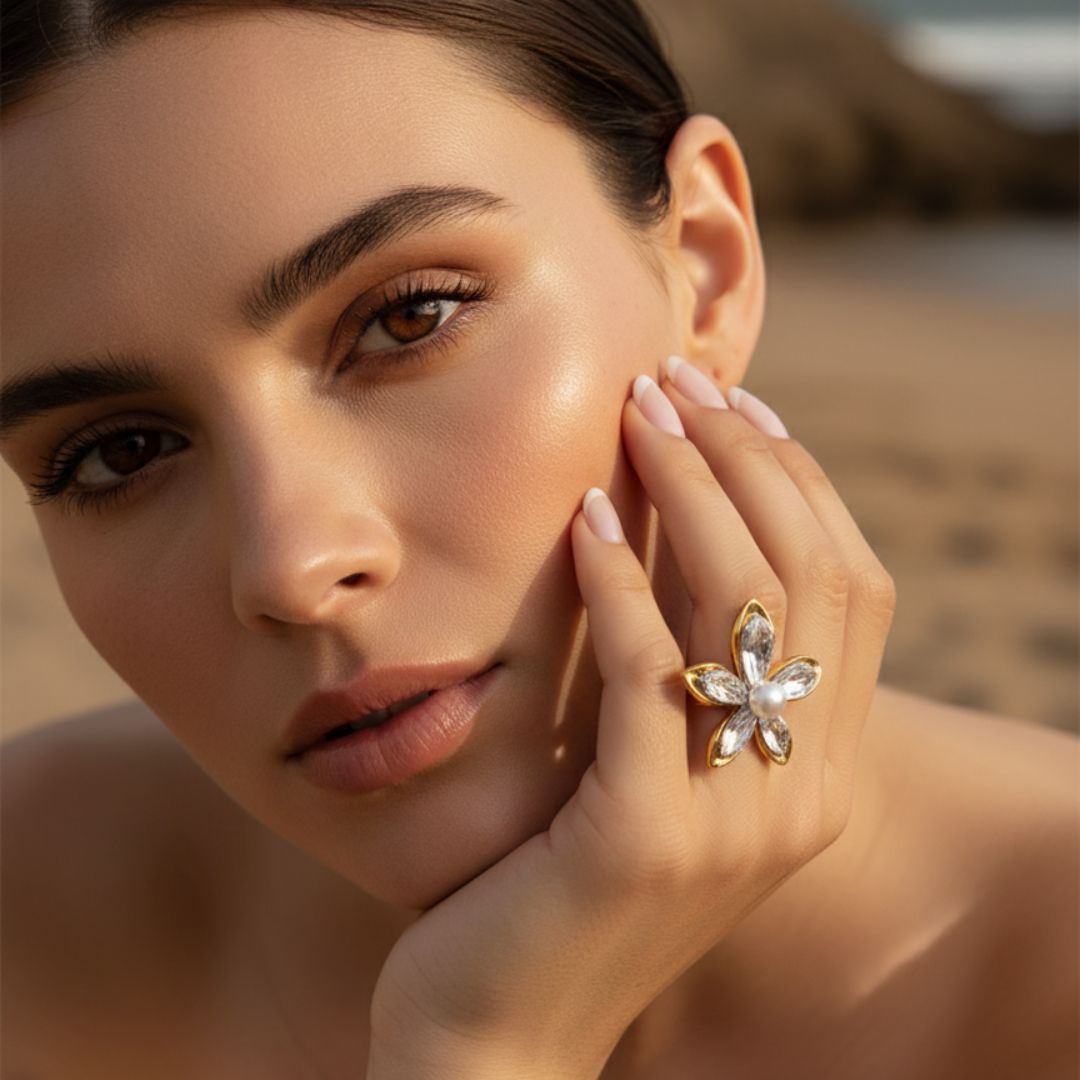 Elegant Flower Pearl Ring - Hypoallergenic Stainless Steel Jewelry for Sensitive Skin