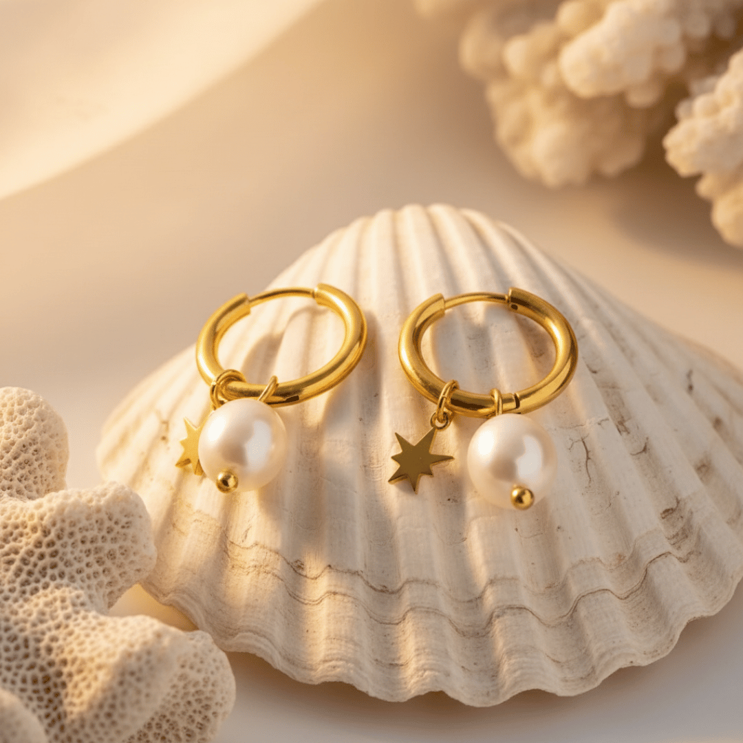 Elegant Freshwater Pearl Star Huggie Hoop Earrings in Gold