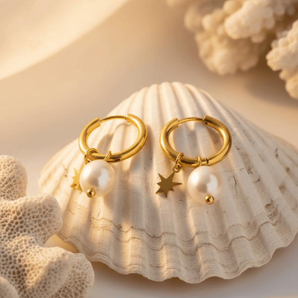 Elegant Freshwater Pearl Star Huggie Hoop Earrings in Gold