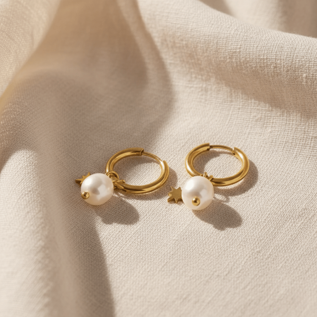 Elegant Freshwater Pearl Star Huggie Hoop Earrings in Gold