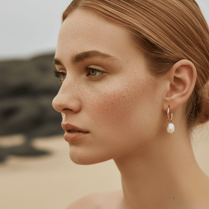 Elegant Freshwater Pearl Star Huggie Hoop Earrings in Gold