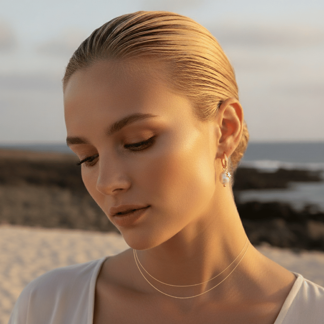 Elegant Freshwater Pearl Star Huggie Hoop Earrings in Gold