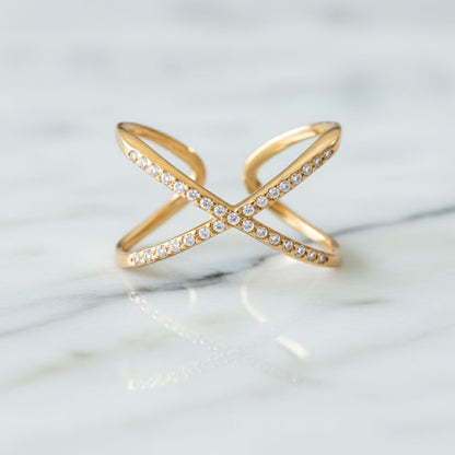 Elegant Gold-Colored X-Shaped Ring with Sparkling Crystals - Adjustable Stainless Steel