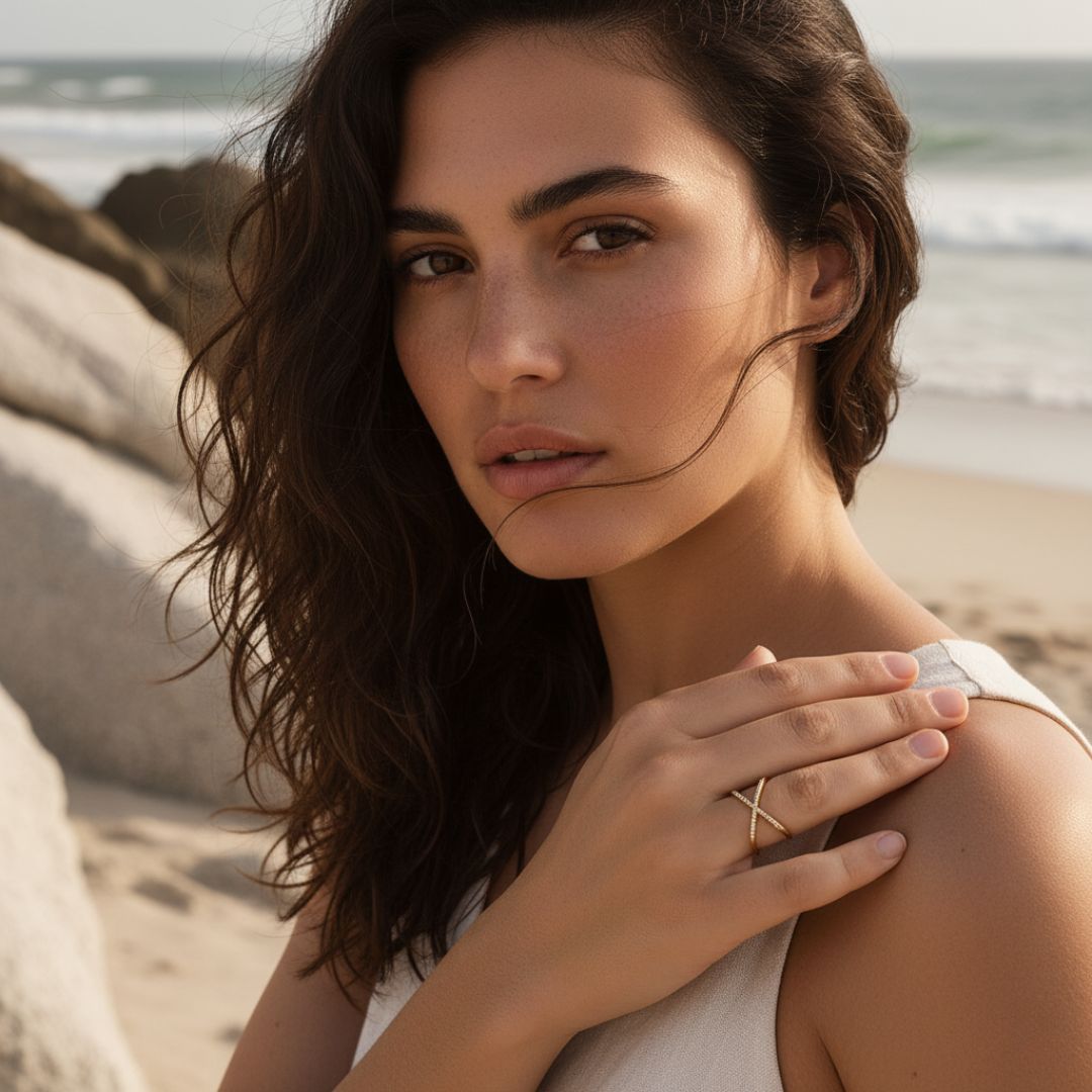 Elegant Gold-Colored X-Shaped Ring with Sparkling Crystals - Adjustable Stainless Steel