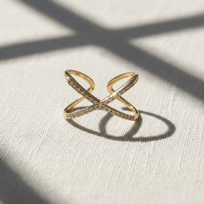 Elegant Gold-Colored X-Shaped Ring with Sparkling Crystals - Adjustable Stainless Steel