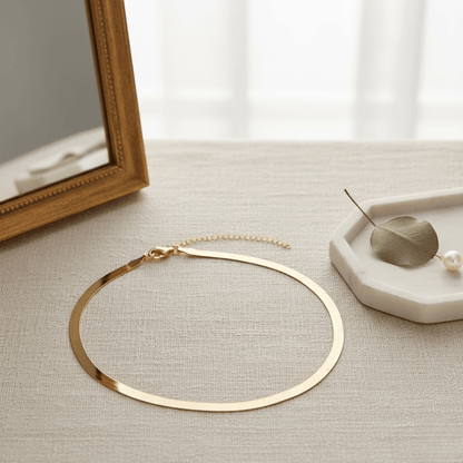 Elegant Gold Necklace - Adjustable Flat Chain Choker for Women