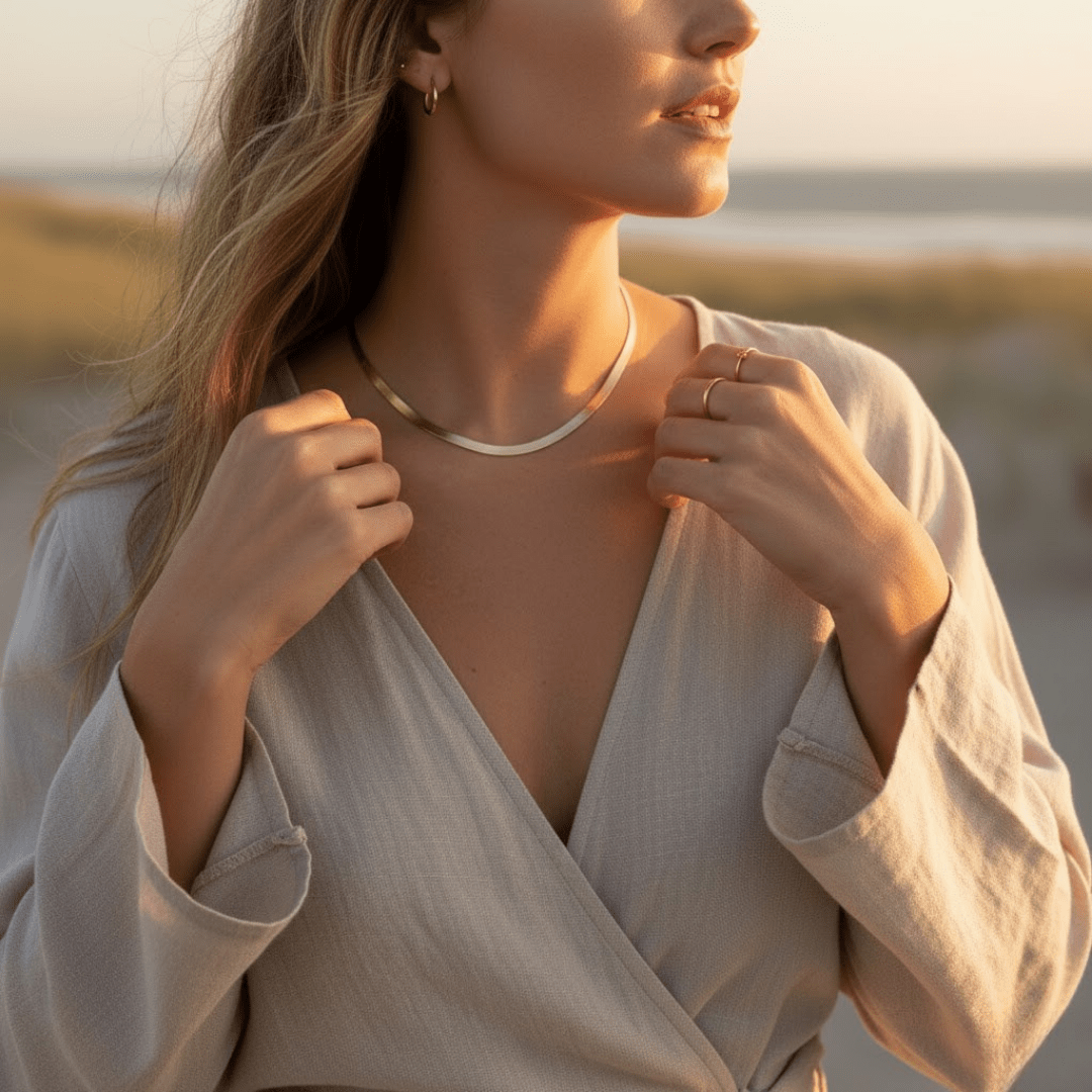 Elegant Gold Necklace - Adjustable Flat Chain Choker for Women