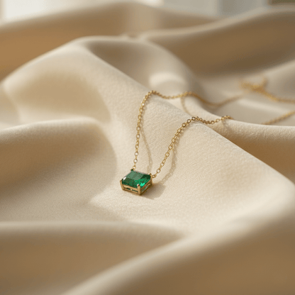 Elegant Green Solitaire Necklace - Silver with Gold Colored Cubic Zirconia