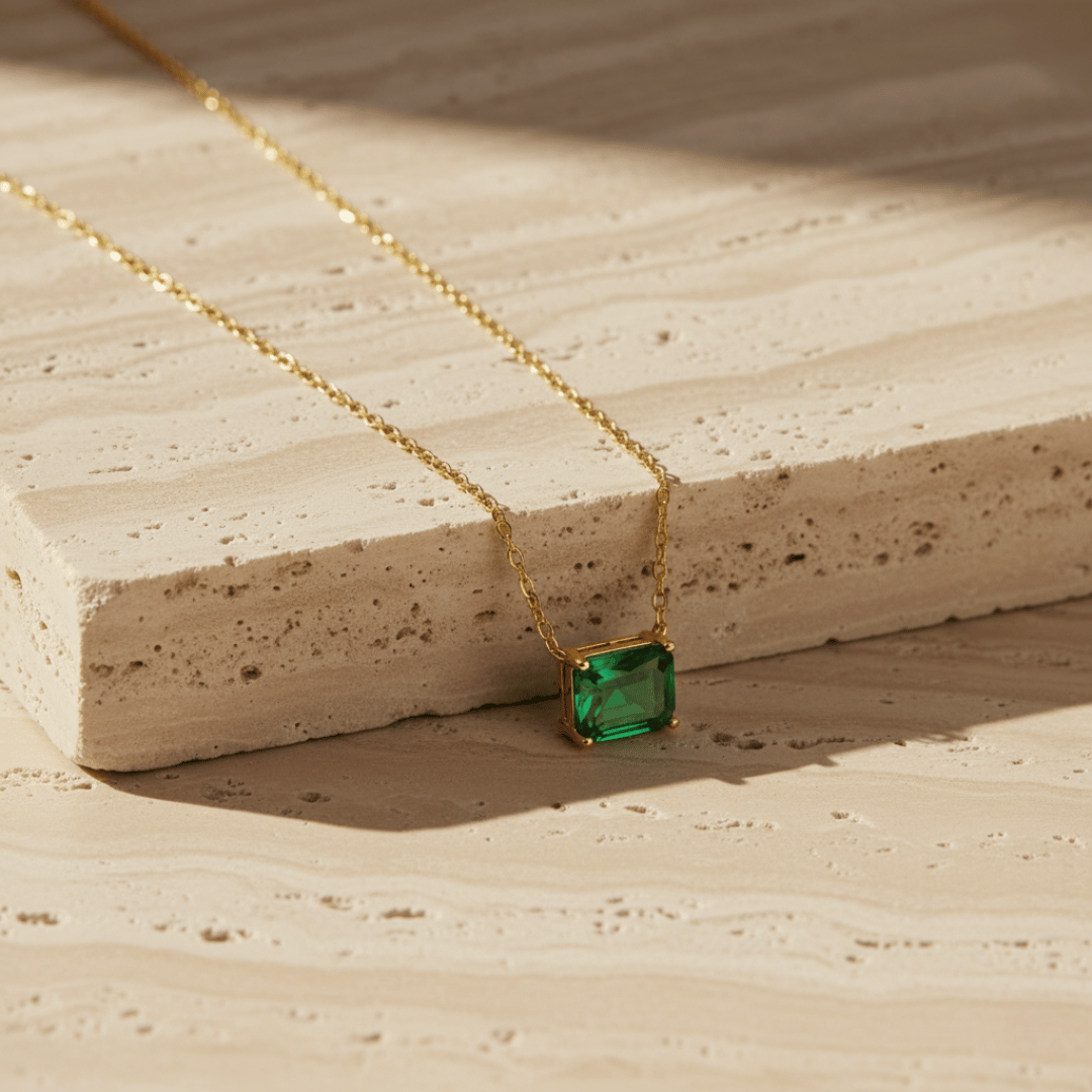 Elegant Green Solitaire Necklace - Silver with Gold Colored Cubic Zirconia