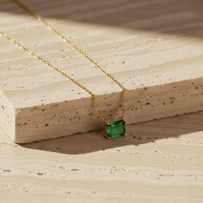 Elegant Green Solitaire Necklace - Silver with Gold Colored Cubic Zirconia