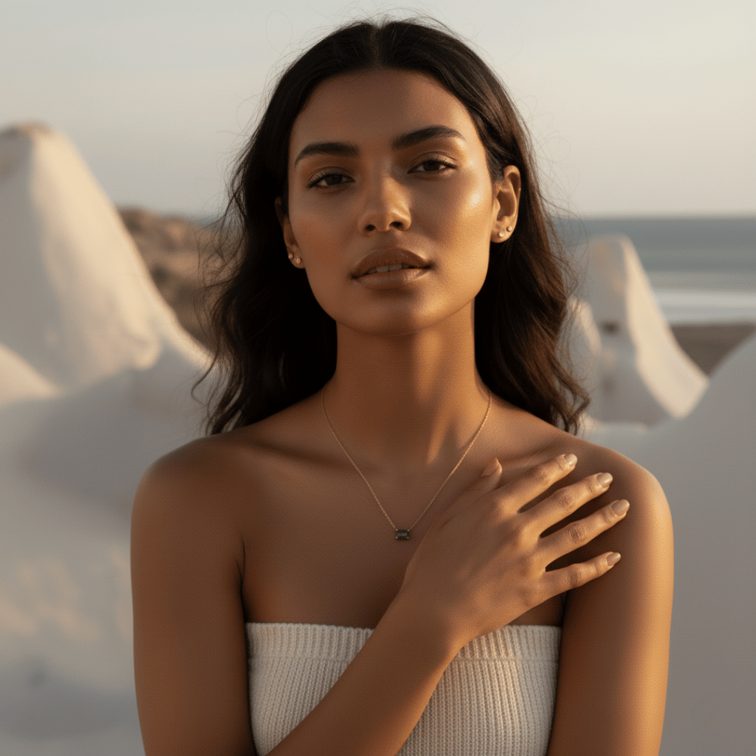 Elegant Green Solitaire Necklace - Silver with Gold Colored Cubic Zirconia