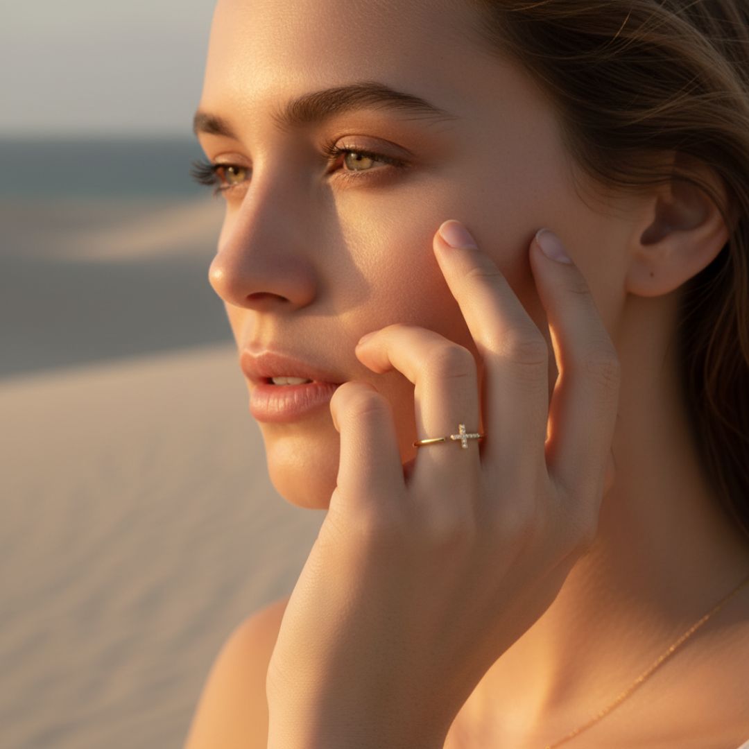 Elegant Open Cuff Ring - Sideways Cross Design in Gold Plating, Hypoallergenic