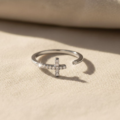 Elegant Open Cuff Ring - Sideways Cross Design in Gold Plating, Hypoallergenic